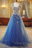 Long Unique Lace Applique Tulle Blue Prom Dress