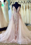 Plunging V Neck Lace Long Prom Dresses, Pink Prom Dresses