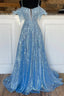 Blue Spaghetti Strap Sequined Lace Prom Dress, Blue Lace-Up Prom Dress