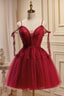Burgundy Lace Short A Line Prom Dress, Cute Spaghetti Strap Prom Dress