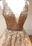 Plunging V Neck Tulle Long Prom Dresses, Lace Formal Dresses