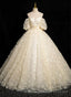 Lovely A Line Lace Floor Length Prom Dress, Champagne Off Shoulder Prom Formal Dress