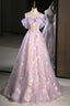 Lovely A Line Off the Shoulder Sequins Prom Dress, Purple Tulle Corset Floor Length Prom Dress