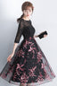 Lovely Black Lace Short Sleeves Floral Tulle Prom Dresses Black Prom Dresseses