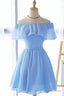 Lovely Blue Short Chiffon Off Shoulder Prom Dress, A Line Prom Dress