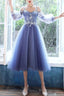Lovely Blue Short Tea Length Prom Dresses Puffy Sleeves Tulle Prom Dresses