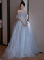 Lovely Blue Tulle Off Shoulder Beaded Prom Dresses A-Line Tulle Blue Wedding Prom Dresses