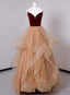 Lovely Champagne Tulle and Wine Red Velvet Straps Prom Dress, A Line Long Prom Dress