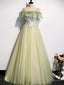 Lovely Flowers Off Shoulder Tulle Long Prom Dress, A Line Tulle Light Green Prom Dress