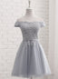 Lovely Grey Short Tulle Prom Dress with Lace Applique, Bridesmaid Dresses Cute Formal Dress
