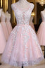 Lovely Junior Pink White Lace Appliques Lace Up Back Sleeveless Homecoming Dress