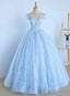 Lovely Light Blue Lace Cap Sleeve Sweet 16 Prom Dress, Prom Dress