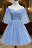 Lovely Light Blue With Lace Off Shoulder Short Prom Dresses Blue Homecoming Dress