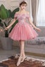Lovely Pink Lace Applique Off Shoulder Cute Party Dress Homecoming Dress, Short Formal Dress
