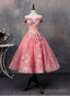 Lovely Pink Off Shoulder Prom Dress, Lace Applique Prom Dress