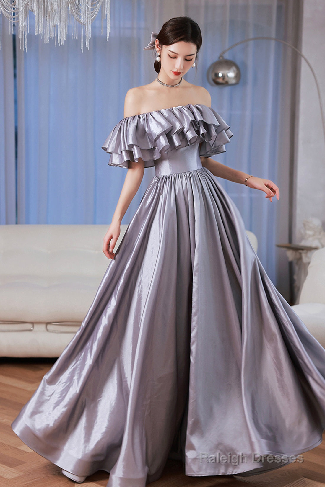 Simple Satin A-line Off Shoulder Floor Length Party Dress, Satin Prom Dress Evening Dress