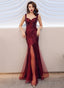 Lovely Sequins Mermaid Tulle And Sequins Prom Dresses Wine Red Prom Dresses