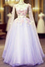 Lovely Tulle Lavender Long Prom Dresses With Lace Applique Sweet 16 Dress