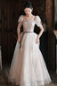 Lovely Tulle Sequins Long Prom Dresses A-Line Short Sleeve Prom Dresses