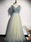 Lovely Tulle with Beaded V Neckline Long Prom Dress, A Line Prom Dress