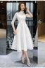 Lovely White Tea Length Lace Simple Short Sleeves Prom Dresses White Lace Wedding Prom Dresses Graduation Dresses