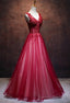 Lovely Wine Red V Neckline Tulle Prom Gowns, A Line Prom Dress