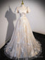 Champagne Tulle Long Formal Dresses, Champagne Short Sleeve Prom Dresses