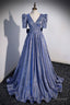 Blue Long A Line Prom Dress, Simple V Neck Short Sleeve Prom Dress