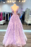 Purple V Neck Lace Long Prom Dress, Purple A Line Formal Prom Dress