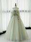 Green Tulle Lace Long Prom Dress, Green Off Shoulder Prom Prom Dress