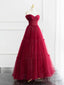 Burgundy Shiny Tulle Long Prom Dress, Beautiful A-Line Off the Shoulder Evening Dress