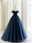 Off the Shoulder Tulle Long Prom Dress, A Line Blue Formal Prom Dress