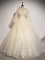 Champagne Tulle Lace Long Prom Dress, A Line Off the Shoulder Long Sleeve Prom Dress