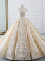 Luxurious Champagne Ball Gowns Tulle Lace Appliques Backless High Neck Wedding Dress