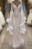 Luxurious Mermaid V-Neck Long Sleevess Crystal Floor Length Prom Dresses With Tassels