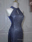 Luxurious Navy Blue Long Prom Gowns Mermaid Halter Neck Backless Prom Dress