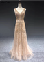 Luxurious Nude Pink A-Line V-Neck Beaded Embroidered Tulle Long Formal Prom Dress