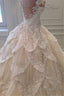 Luxurious Off the Shoulder Beading Wedding Dress Crystal Tiered Chapel Train Bridal Gown