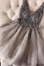 Luxurious Sequins Beaded V-Neck Tulle Short Gray Homecoming Dresses