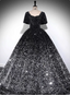 Luxury Shiny Black-Silver Gradient A-Line Short Sleeve Sequin Long Formal Prom Dress