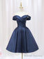 Blue V-neckline Satin Off Shoulder Party Dress, A-Line Blue Short Evening Prom Dress