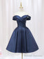 Blue V Neckline Satin Off Shoulder Prom Dress, A Line Blue Short Prom Prom Dress