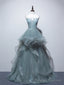 Dusty Green Spaghetti Strap Ruffled Floor Length Formal Dress, Cute Tulle Lace Prom Prom Dress