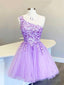 Cute Tulle Sequins Short Prom Dress, Purple One Shoulder Prom Dress