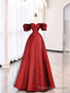Burgundy Satin Polka Dot Tulle Prom Dress, Lovely Floor Length Short Sleeve Prom Dress