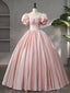 Beautiful Pink Scoop Neck Satin Floor Length Prom Dress, A Line Short Sleeve Prom Dress with Bow