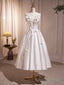 White Spaghetti Strap Satin Short Prom Dress, White V-Neck Evening Party Dress
