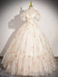 Champagne Floral Tulle Long Prom Dress, Beautiful Short Sleeve A Line Prom Prom Dress