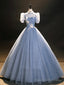 Blue Tulle Long A Line Prom Dress, Beautiful Short Sleeve Prom Prom Dress