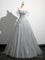 A Line Off the Shoulder Sparkly Prom Dress, Gray Tulle Corset Floor Length Prom Dress